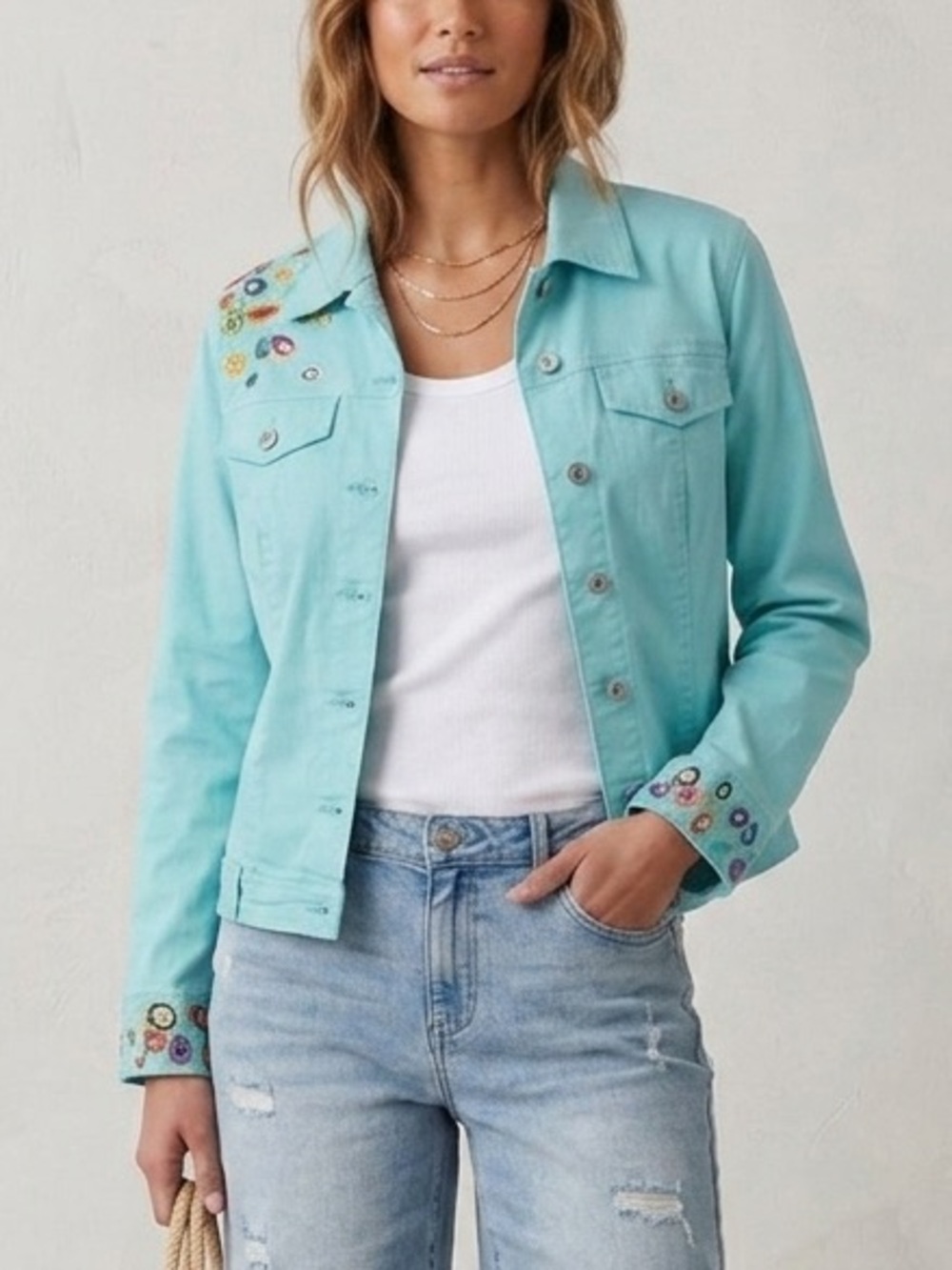 Uptown Girl Embroidered Aqua Blue Summer Denim Jean Jacket Size 10‎ Large